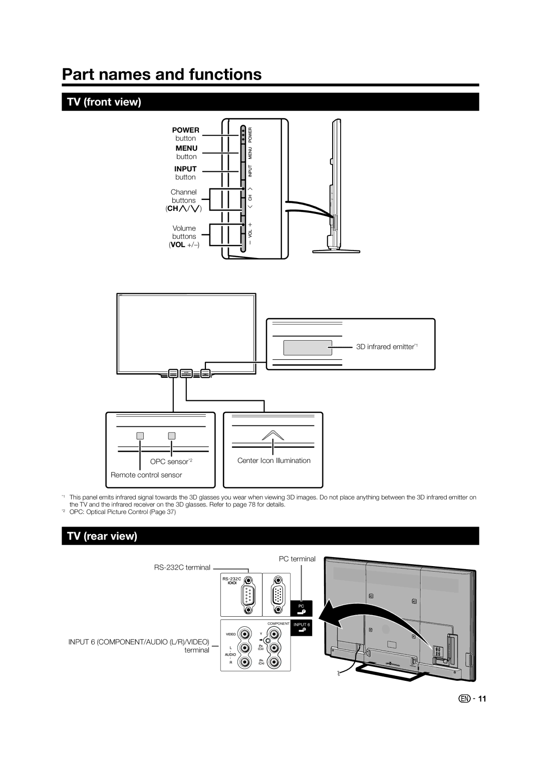 Sharp LED TV operation manual Part names and functions, TV front view, TV rear view, Input button, CHr /s 