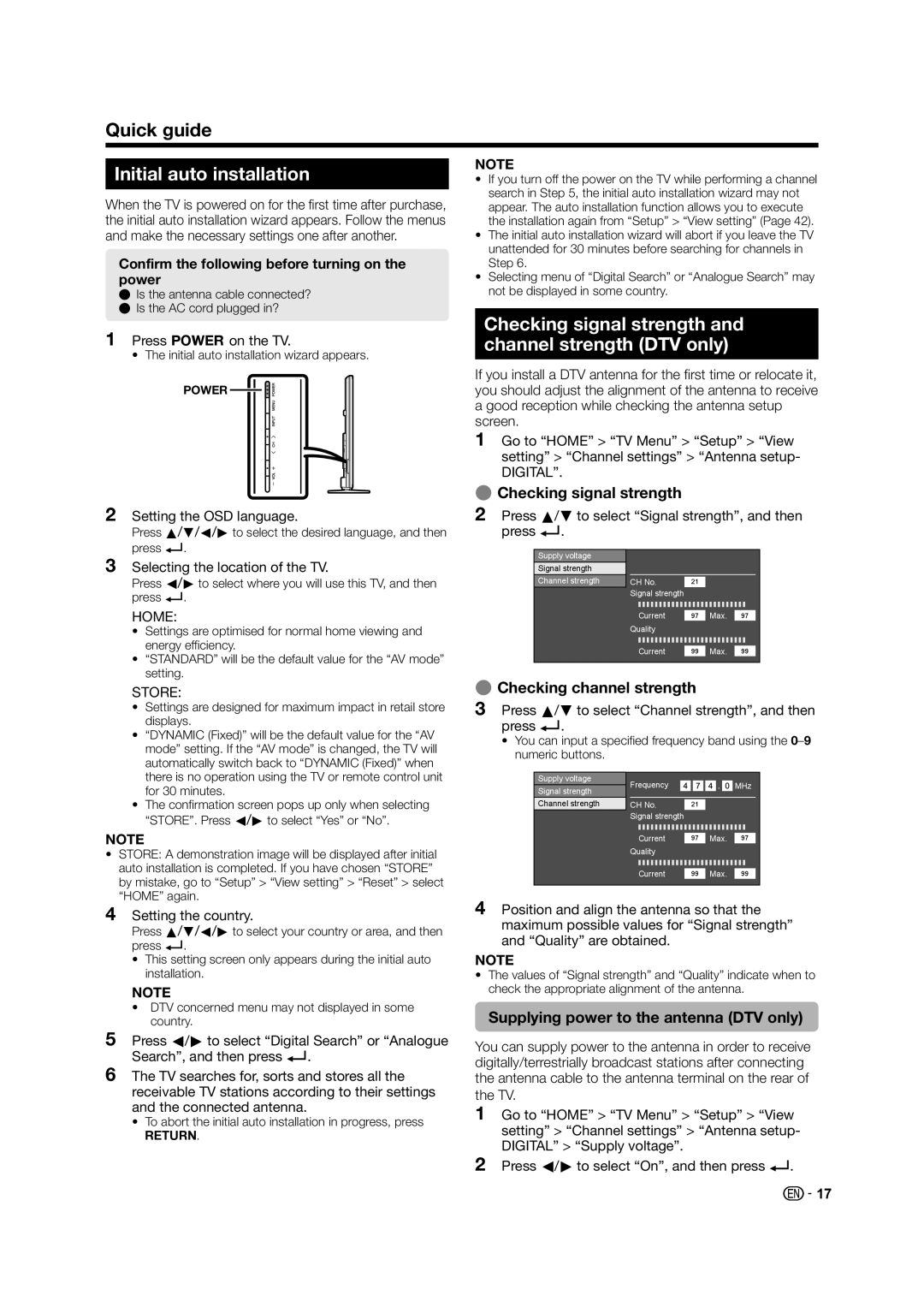 Sharp LED TV Initial auto installation, Checking signal strength and channel strength DTV only, EChecking signal strength 