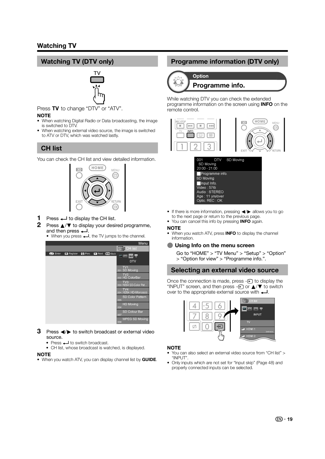 Sharp LED TV operation manual CH list, Programme info, Selecting an external video source, EUsing Info on the menu screen 