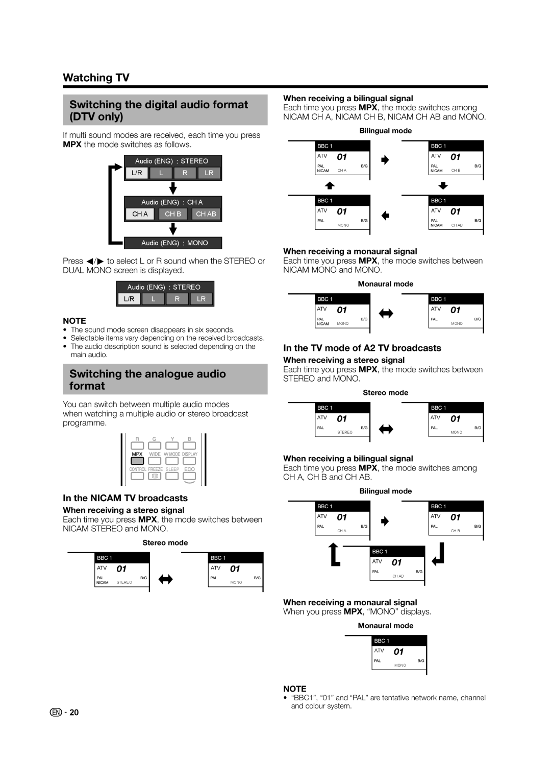 Sharp LED TV operation manual Watching TV Switching the digital audio format DTV only, Switching the analogue audio format 