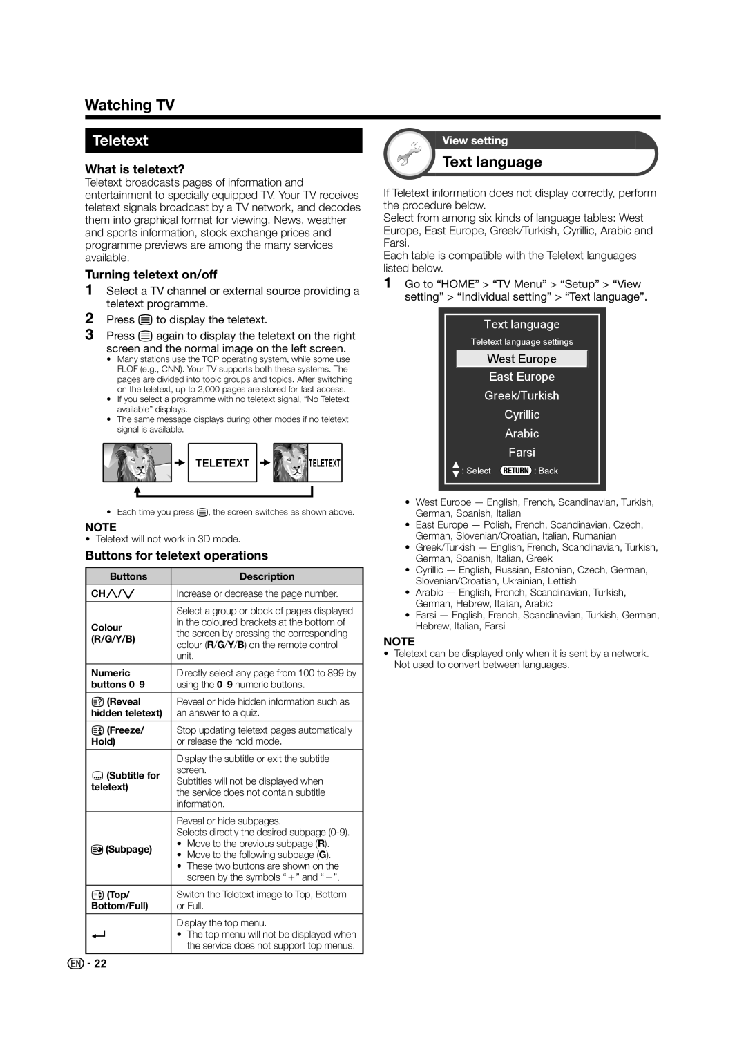 Sharp LED TV Teletext, Text language, What is teletext?, Turning teletext on/off, Buttons for teletext operations 