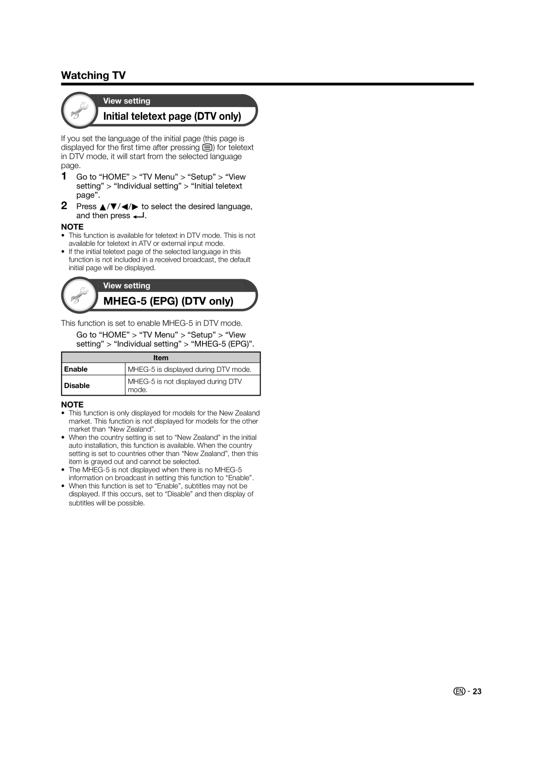 Sharp LED TV operation manual Initial teletext page DTV only, MHEG-5 EPG DTV only, Enable, Disable 