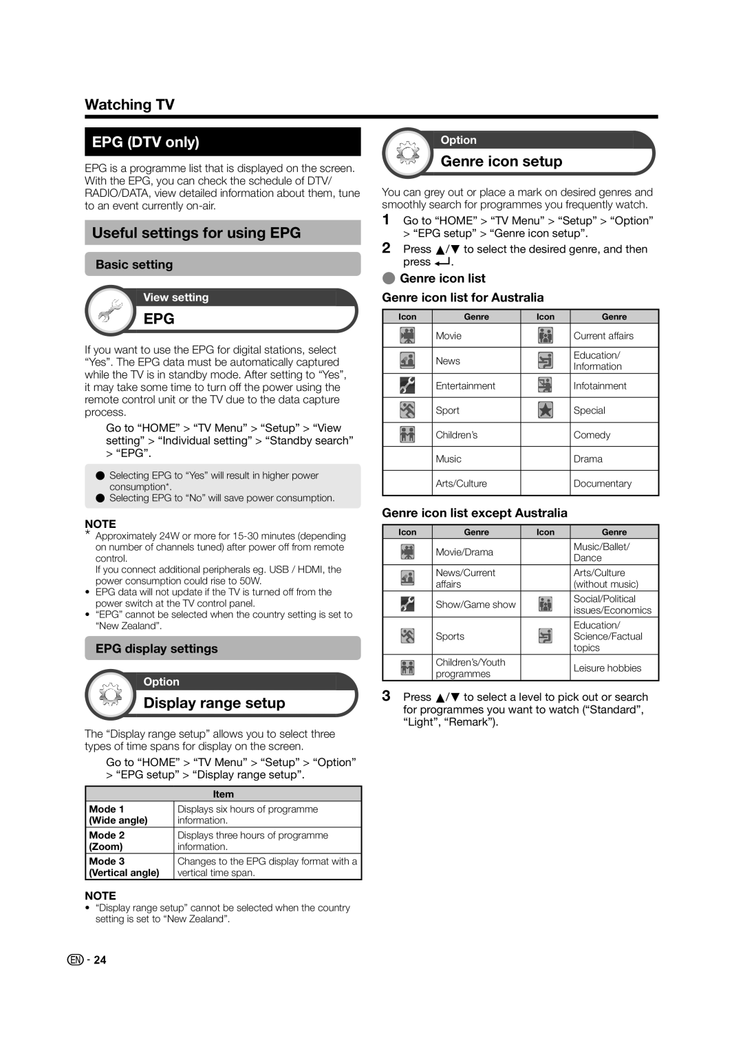 Sharp LED TV operation manual EPG DTV only, Useful settings for using EPG, Genre icon setup, Display range setup 