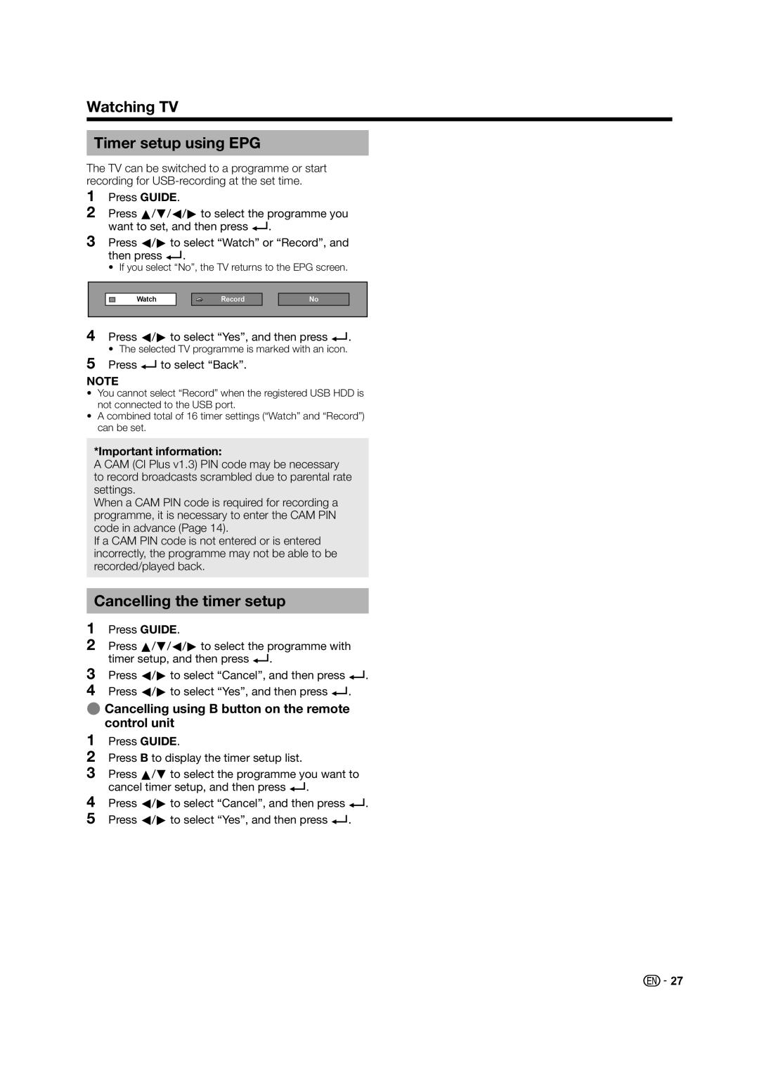 Sharp LED TV operation manual Watching TV Timer setup using EPG, Cancelling the timer setup, Important information 