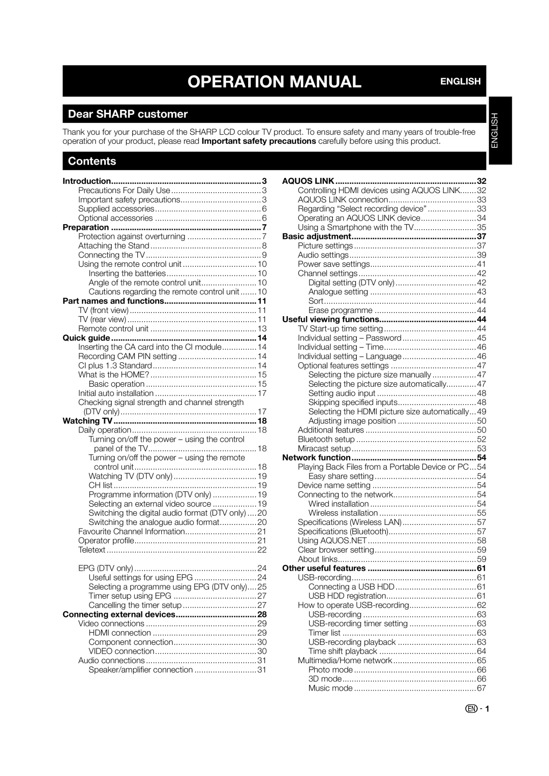 Sharp LED TV operation manual Dear Sharp customer, Contents 