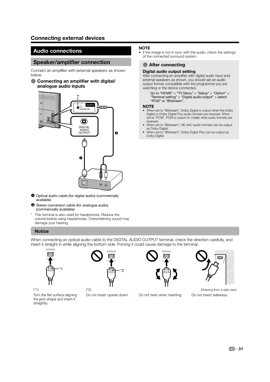 Sharp LED TV Audio connections, Speaker/amplifier connection, EAfter connecting, Digital audio output setting 