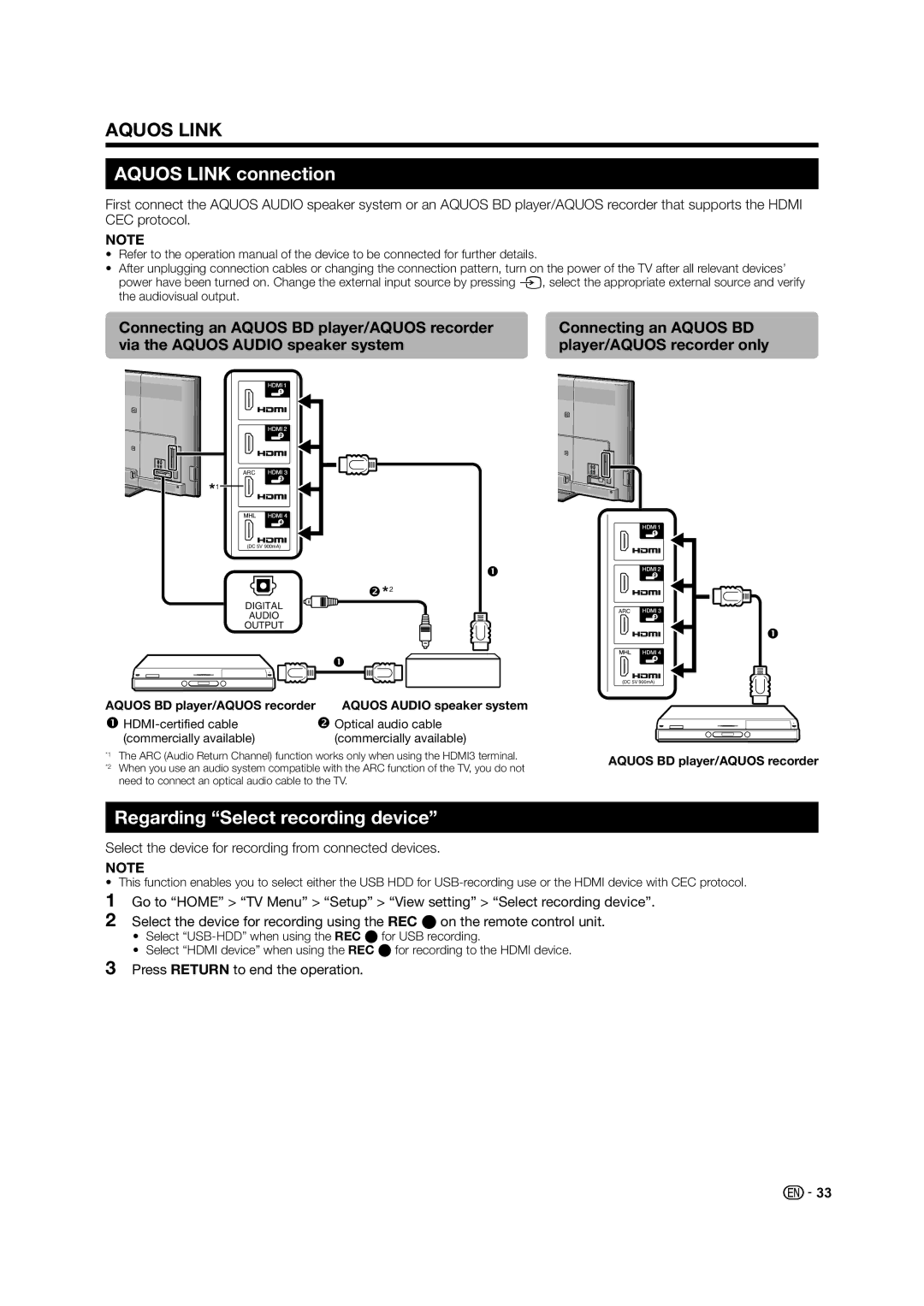 Sharp LED TV operation manual Aquos Link connection, Regarding Select recording device, Press Return to end the operation 