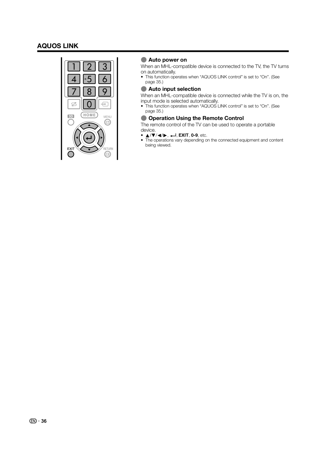 Sharp LED TV operation manual EAuto power on, EAuto input selection, EOperation Using the Remote Control 