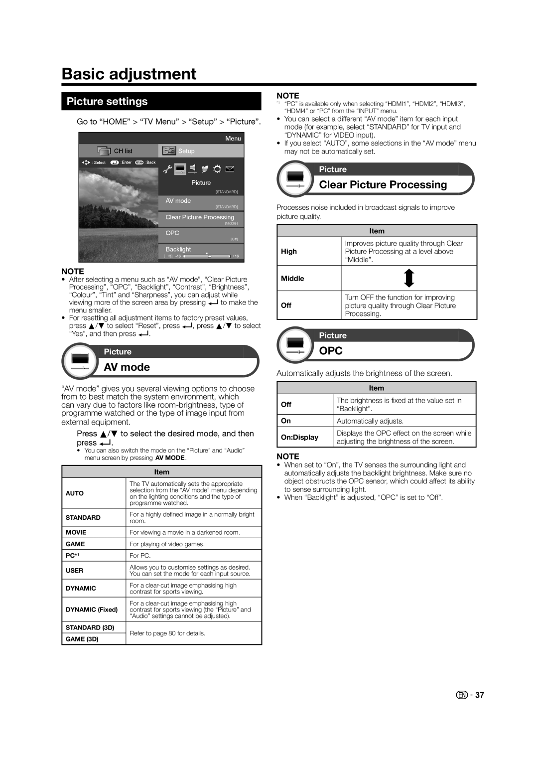 Sharp LED TV operation manual Basic adjustment, Picture settings, AV mode, Clear Picture Processing 