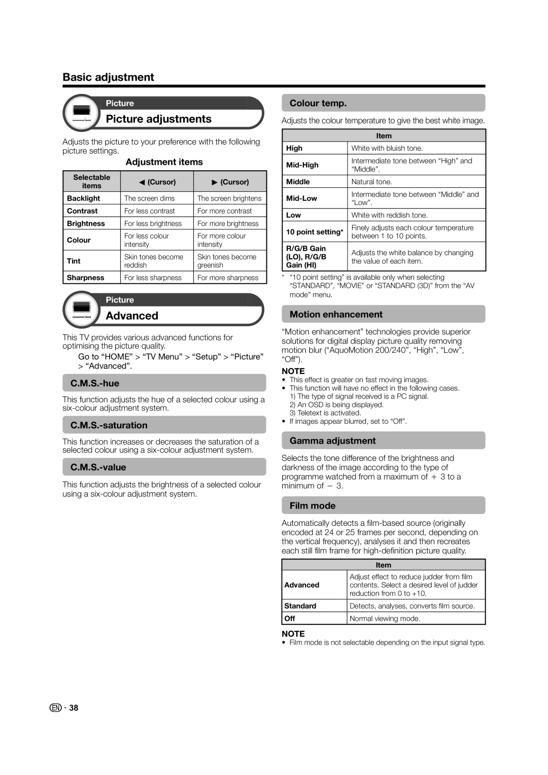 Sharp LED TV operation manual Basic adjustment, Picture adjustments, Advanced 