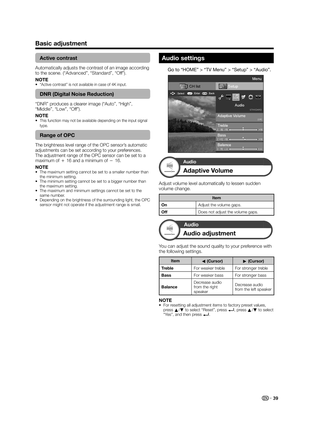 Sharp LED TV operation manual Audio settings, Adaptive Volume, Audio adjustment 