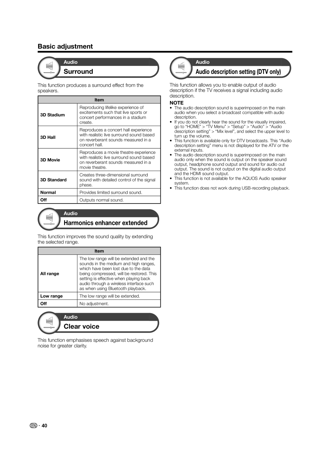 Sharp LED TV operation manual Surround, Harmonics enhancer extended, Clear voice 