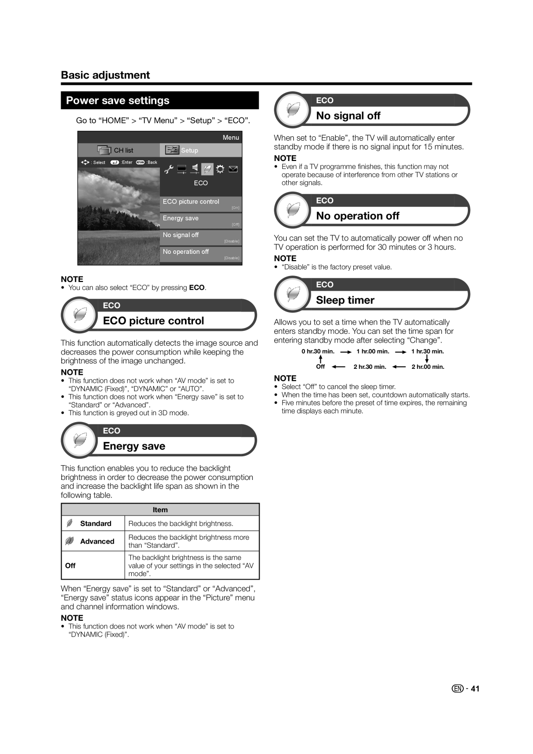 Sharp LED TV operation manual Power save settings 