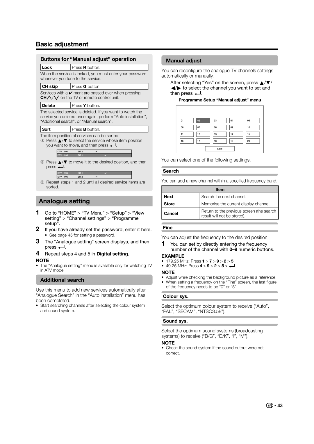 Sharp LED TV operation manual Analogue setting, Buttons for Manual adjust operation 