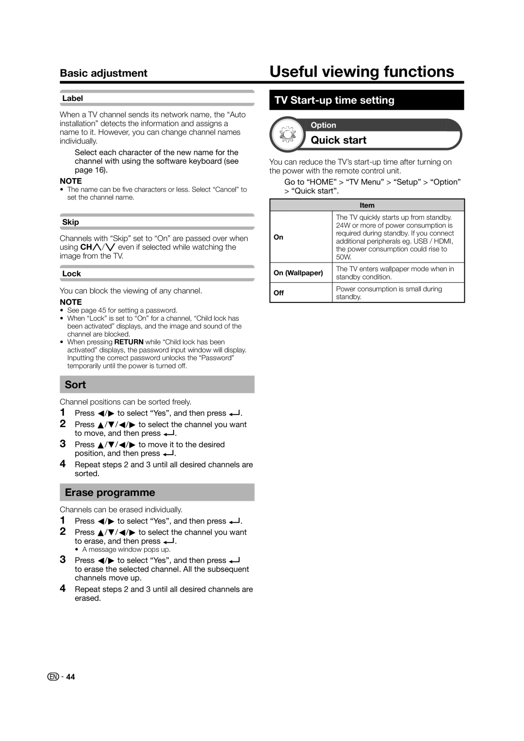 Sharp LED TV operation manual Useful viewing functions, Sort, Erase programme, TV Start-up time setting, Quick start 