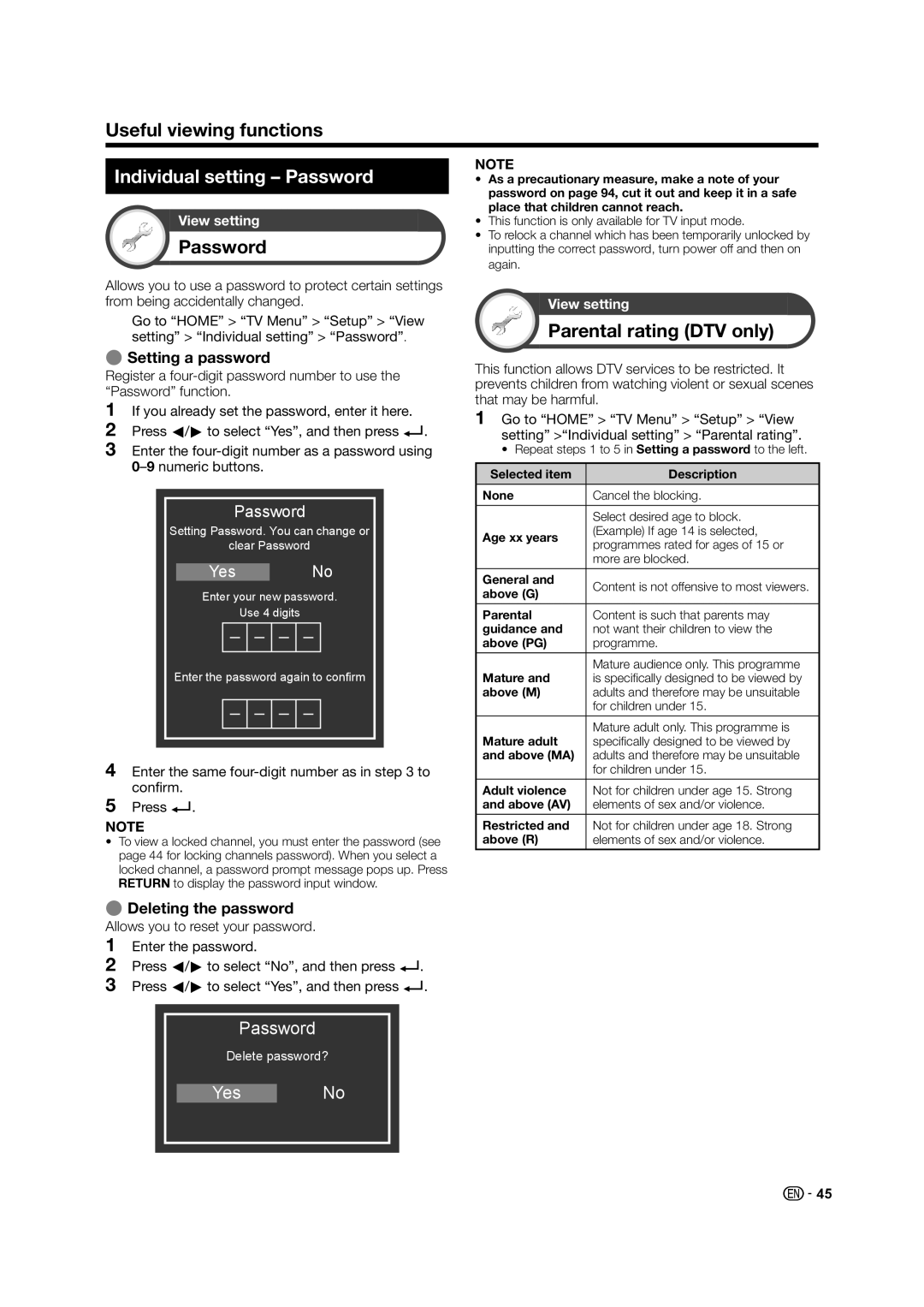 Sharp LED TV operation manual Useful viewing functions, Individual setting Password, Parental rating DTV only 