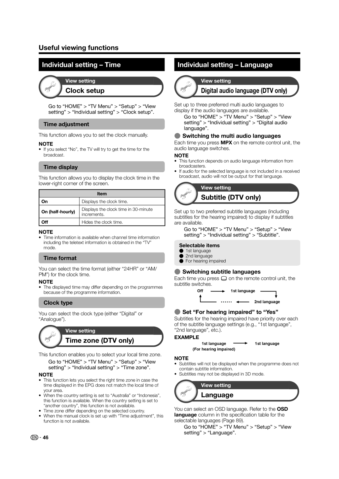 Sharp LED TV operation manual Individual setting Time, Individual setting Language 