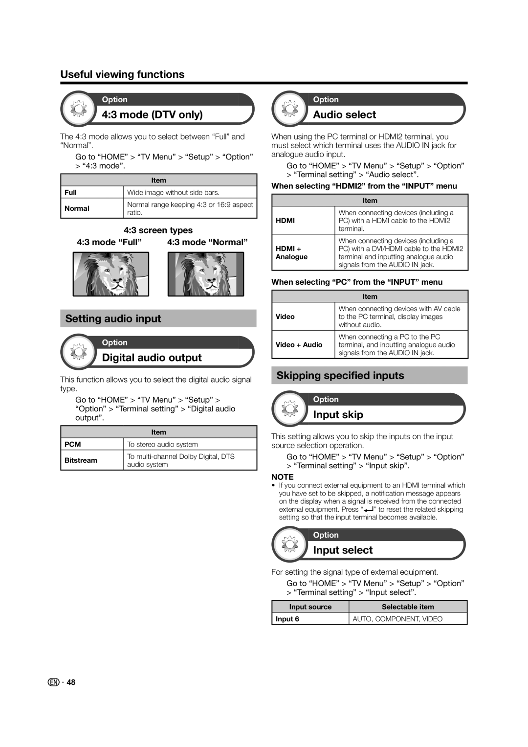 Sharp LED TV operation manual Mode DTV only Audio select 