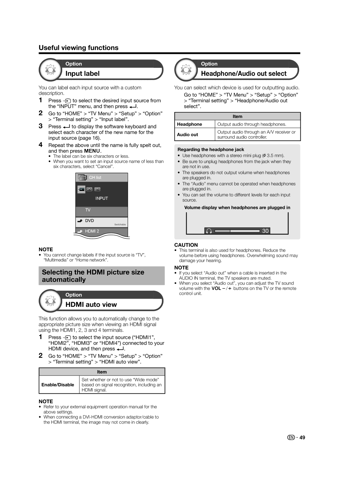 Sharp LED TV Input label, Headphone/Audio out select, Selecting the Hdmi picture size automatically, Hdmi auto view 