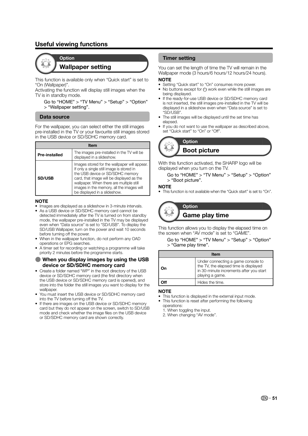 Sharp LED TV operation manual Wallpaper setting, Boot picture, Game play time, Data source, Timer setting 