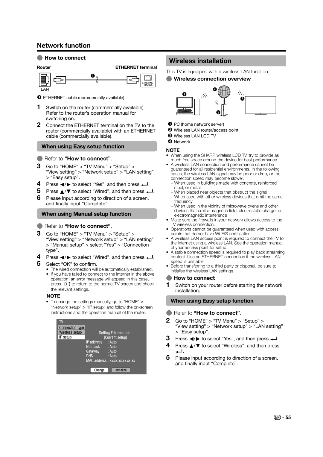 Sharp LED TV operation manual Network function, Wireless installation 