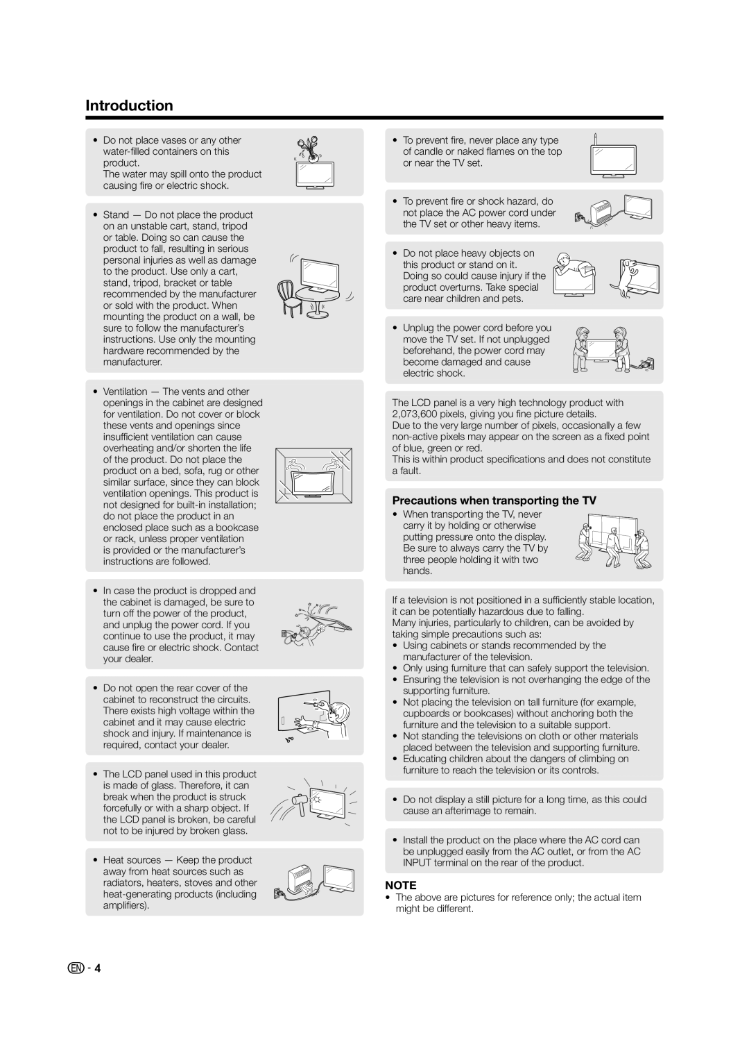 Sharp LED TV operation manual Introduction, Precautions when transporting the TV 