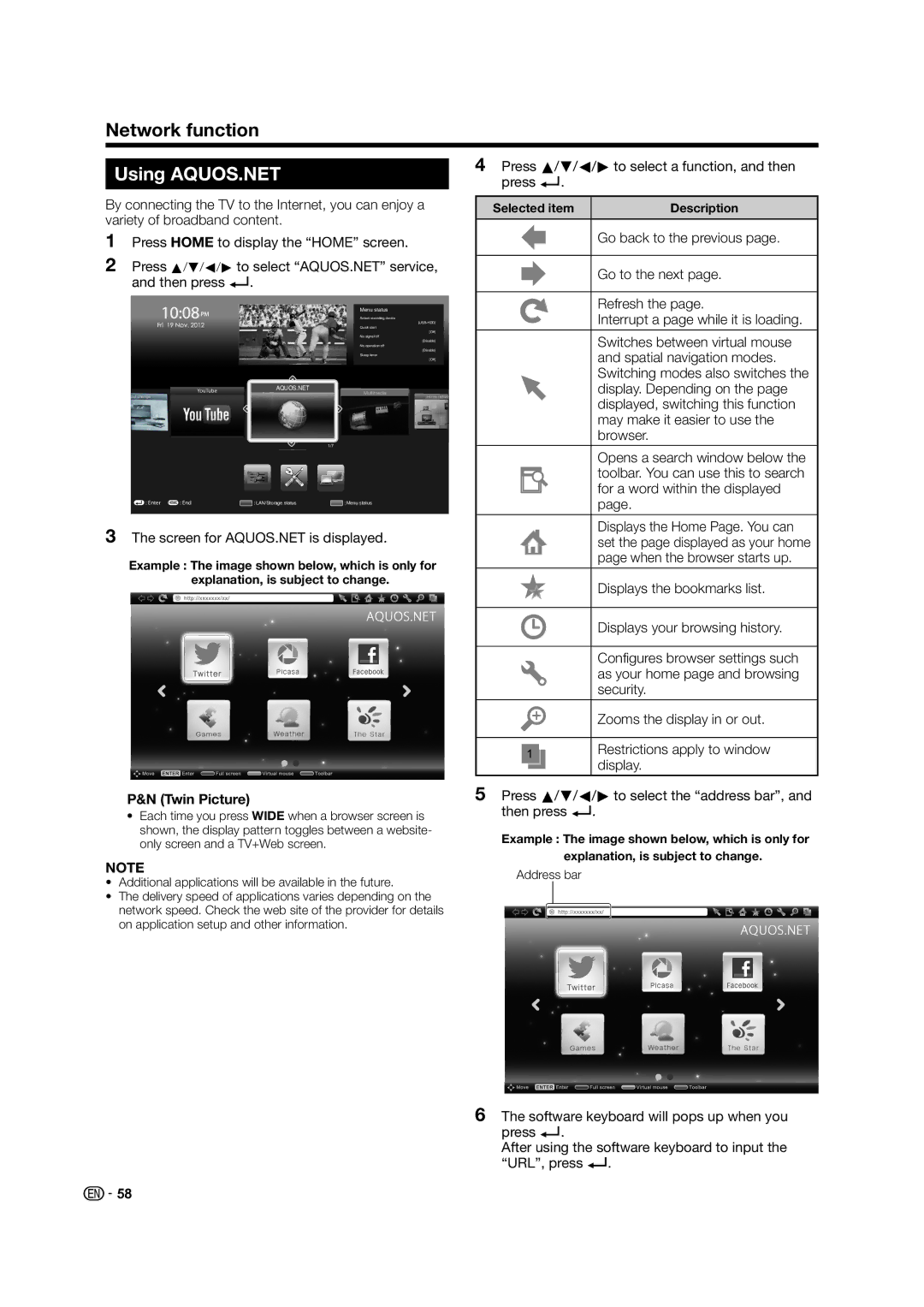 Sharp LED TV operation manual Using AQUOS.NET, Screen for AQUOS.NET is displayed, Twin Picture, Selected item 