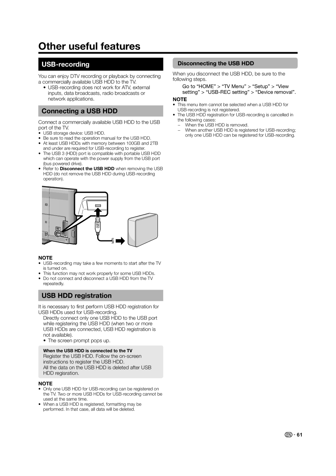 Sharp LED TV Other useful features, USB-recording, Connecting a USB HDD, USB HDD registration, Disconnecting the USB HDD 