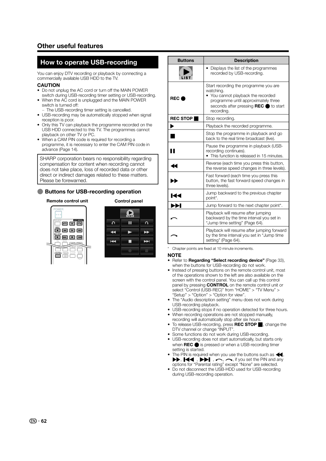 Sharp LED TV operation manual Other useful features, How to operate USB-recording, EButtons for USB-recording operation 