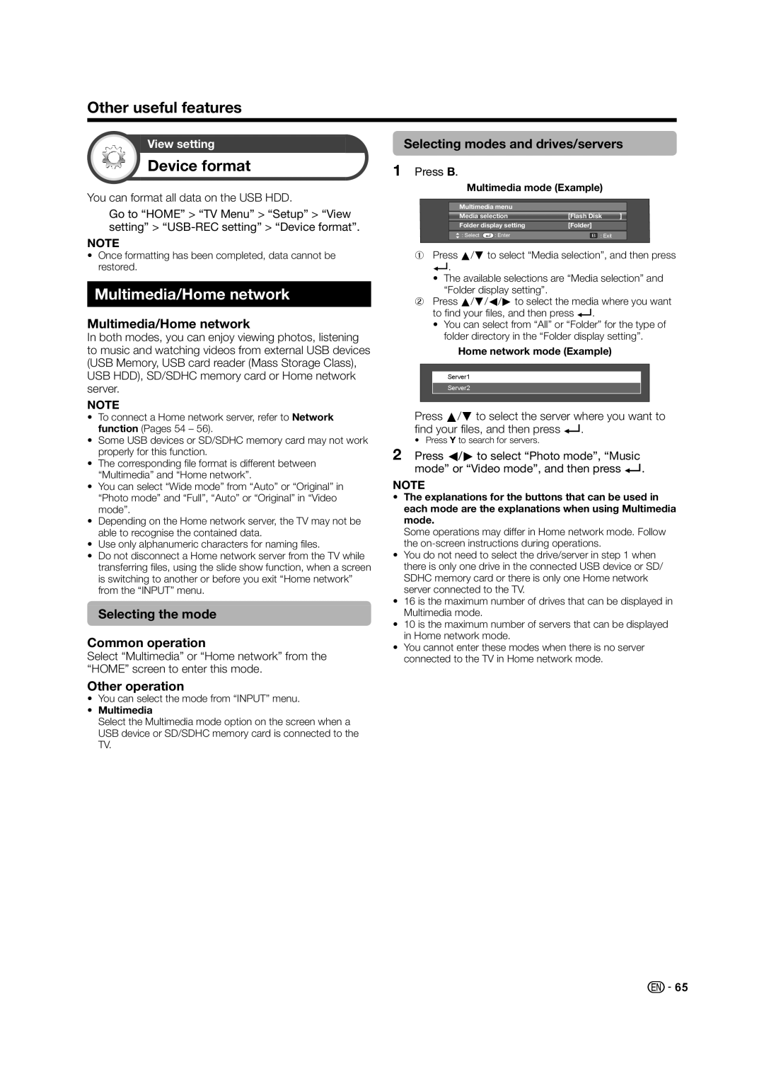 Sharp LED TV operation manual Device format, Multimedia/Home network 