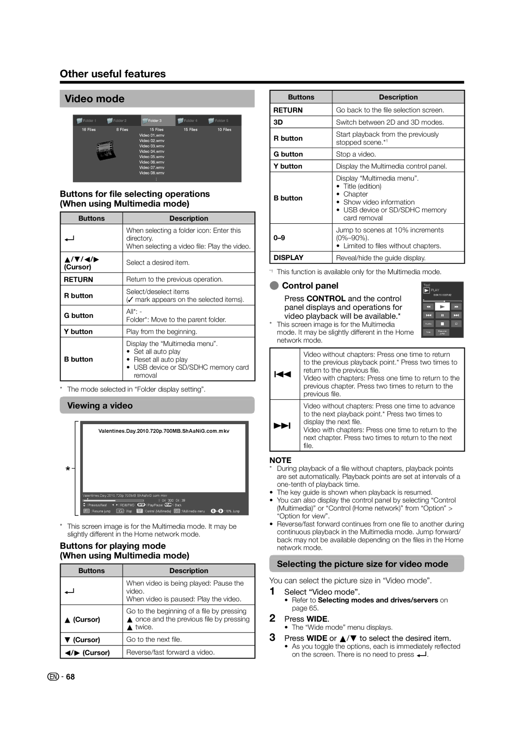 Sharp LED TV Other useful features Video mode, EControl panel, Viewing a video, Selecting the picture size for video mode 