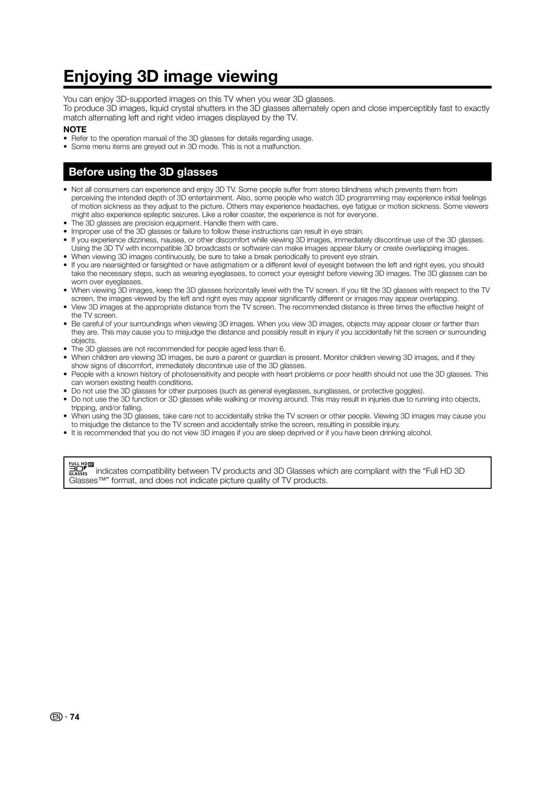Sharp LED TV operation manual Enjoying 3D image viewing, Before using the 3D glasses 