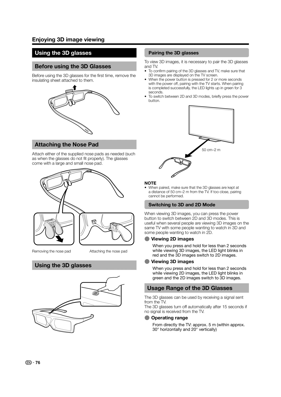 Sharp LED TV Using the 3D glasses, Before using the 3D Glasses, Attaching the Nose Pad, Usage Range of the 3D Glasses 