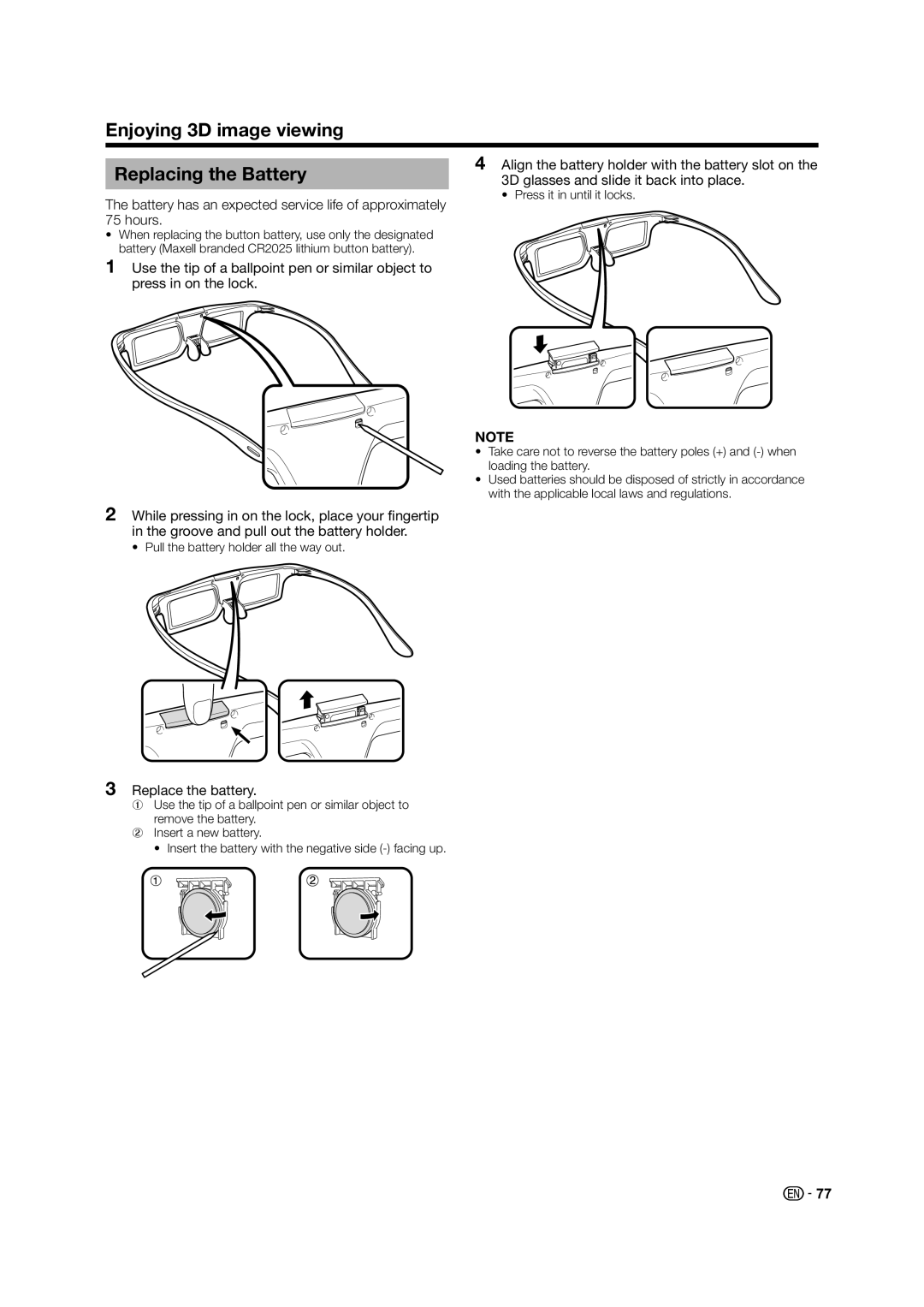 Sharp LED TV operation manual Replacing the Battery, Align the battery holder with the battery slot on, Replace the battery 