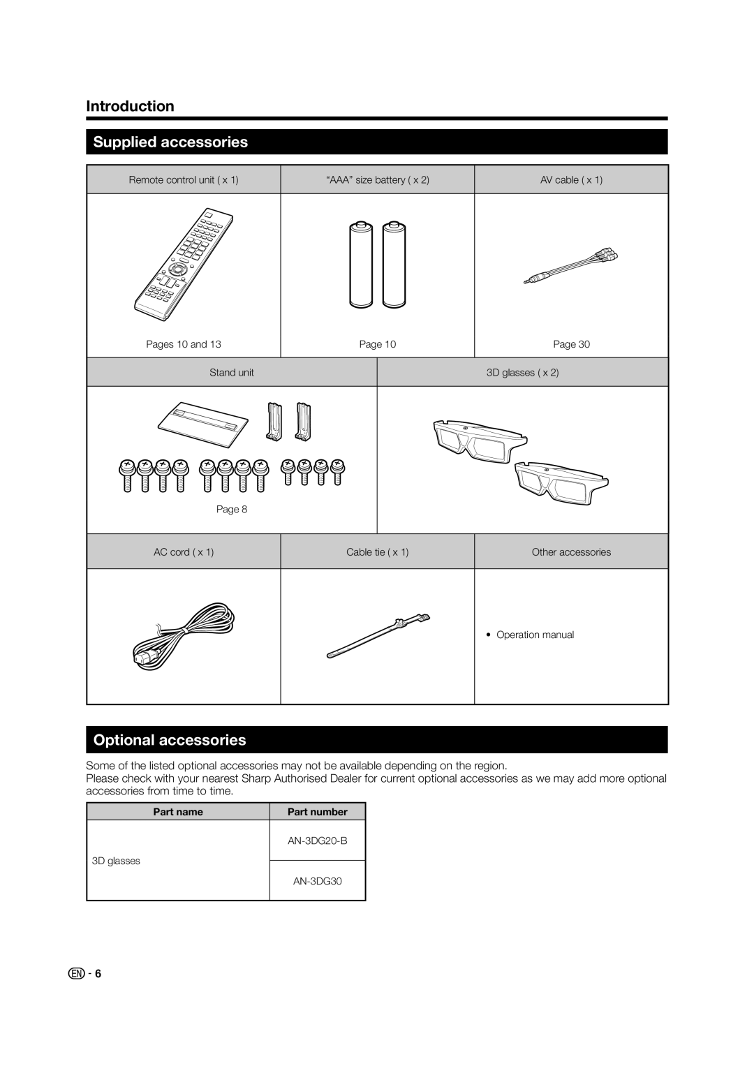 Sharp LED TV operation manual Supplied accessories, Optional accessories, Part name Part number, 3D glasses AN-3DG30 