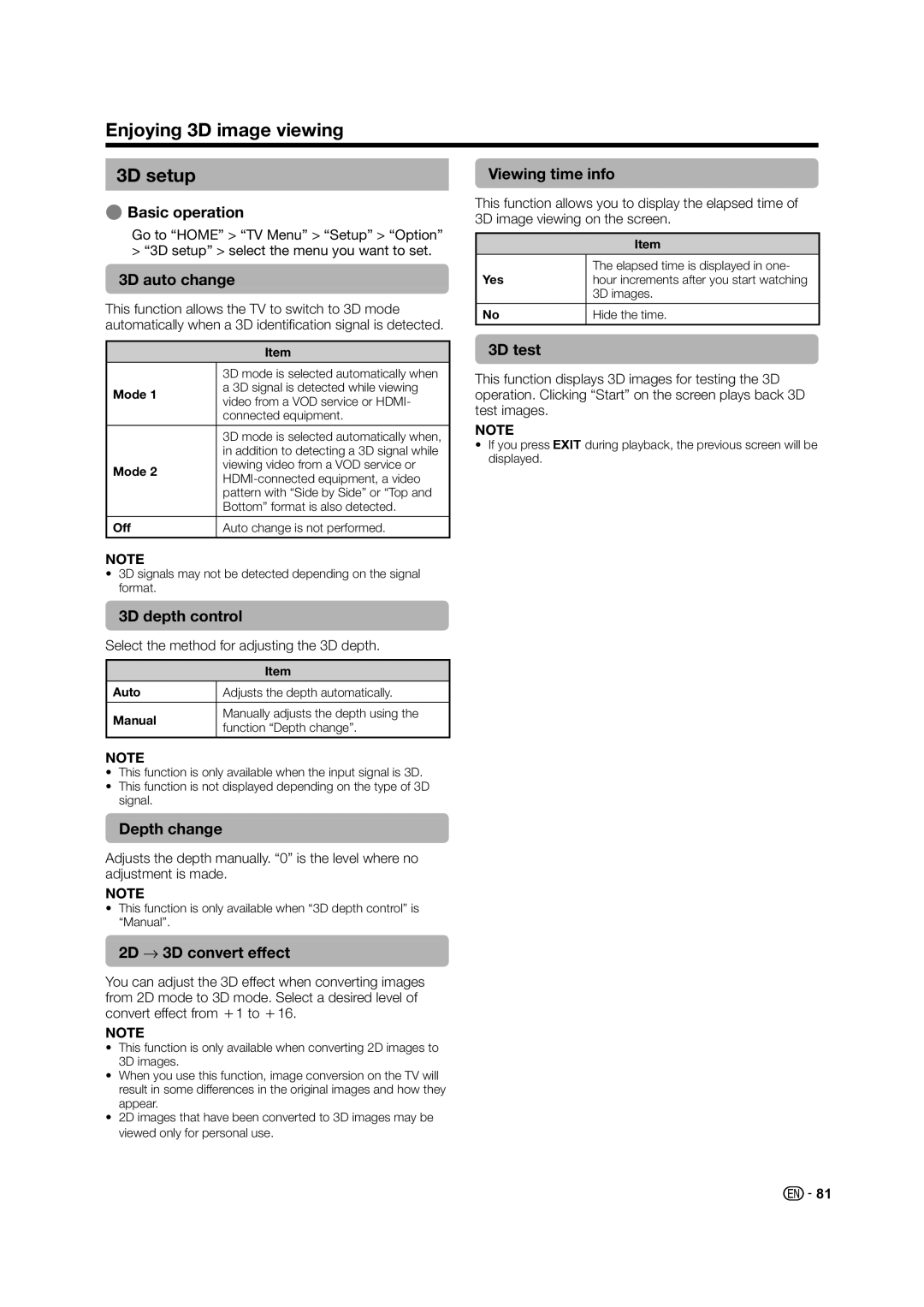 Sharp LED TV operation manual Enjoying 3D image viewing 3D setup 