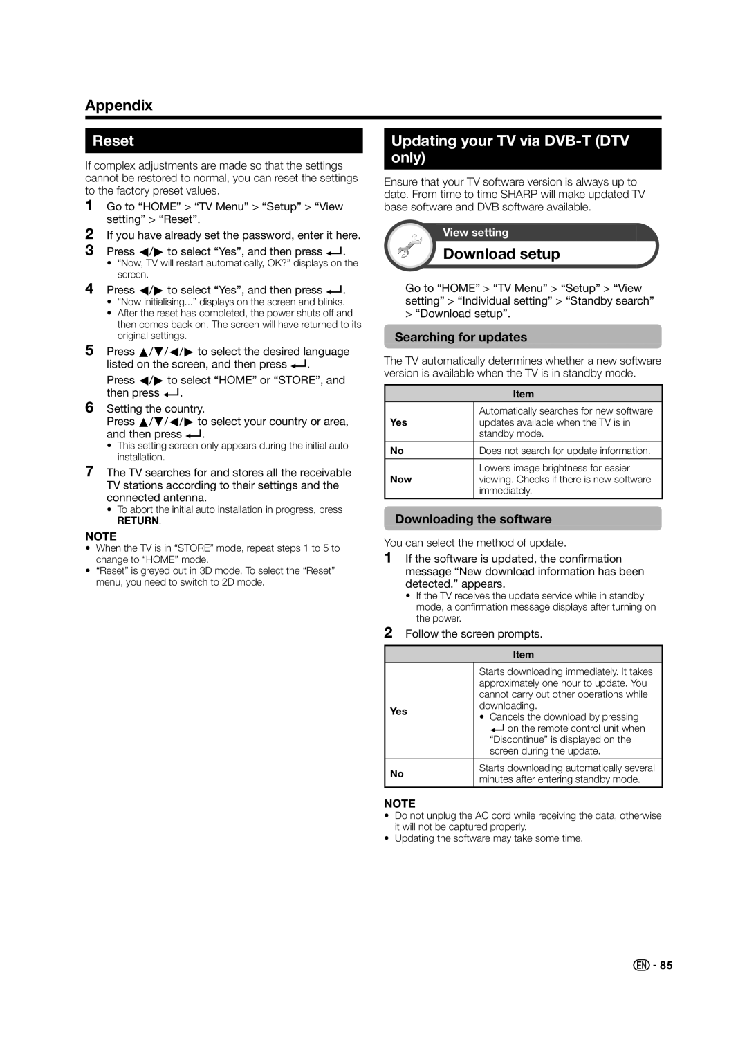 Sharp LED TV operation manual Appendix, Reset, Updating your TV via DVB-T DTV only, Download setup 