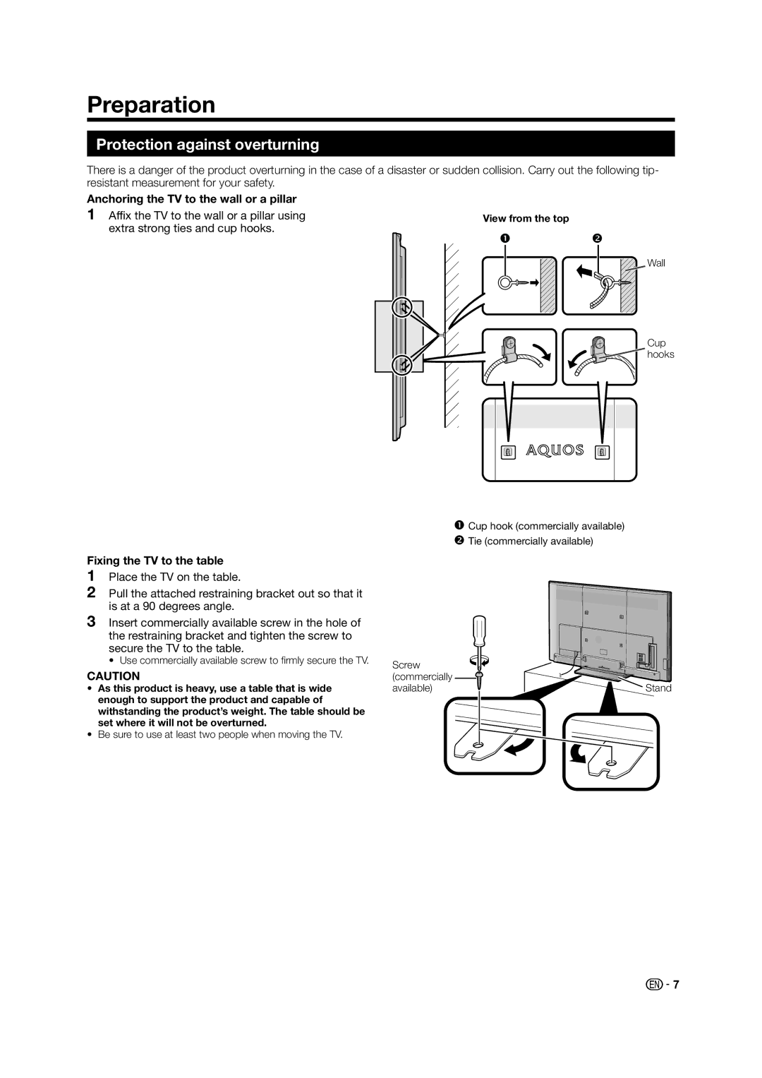 Sharp LED TV operation manual Preparation, Protection against overturning, Anchoring the TV to the wall or a pillar 