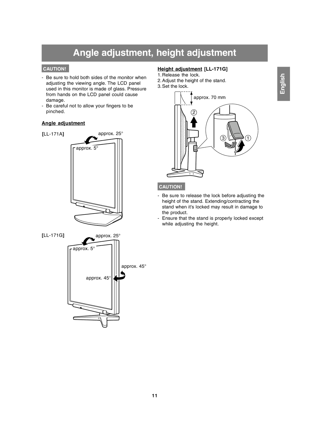 Sharp operation manual Angle adjustment, height adjustment, Height adjustment LL-171G, LL-171A Approx, LL-171G Approx 