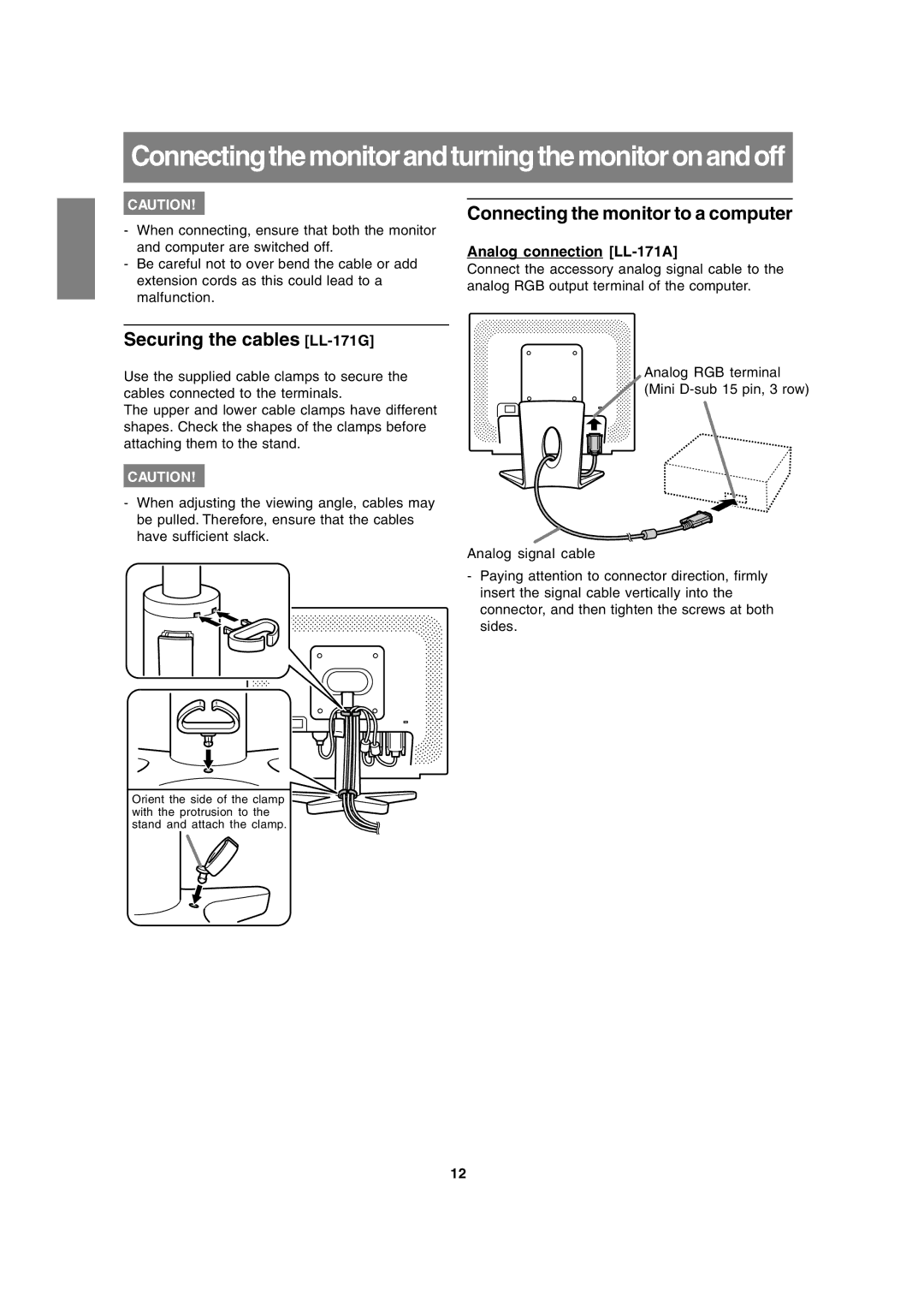 Sharp operation manual Connecting the monitor to a computer, Securing the cables LL-171G, Analog connection LL-171A 