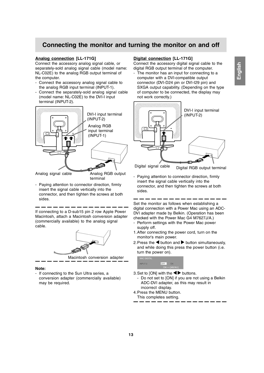 Sharp LL-171A operation manual Connecting the monitor and turning the monitor on and off, Analog connection LL-171G 