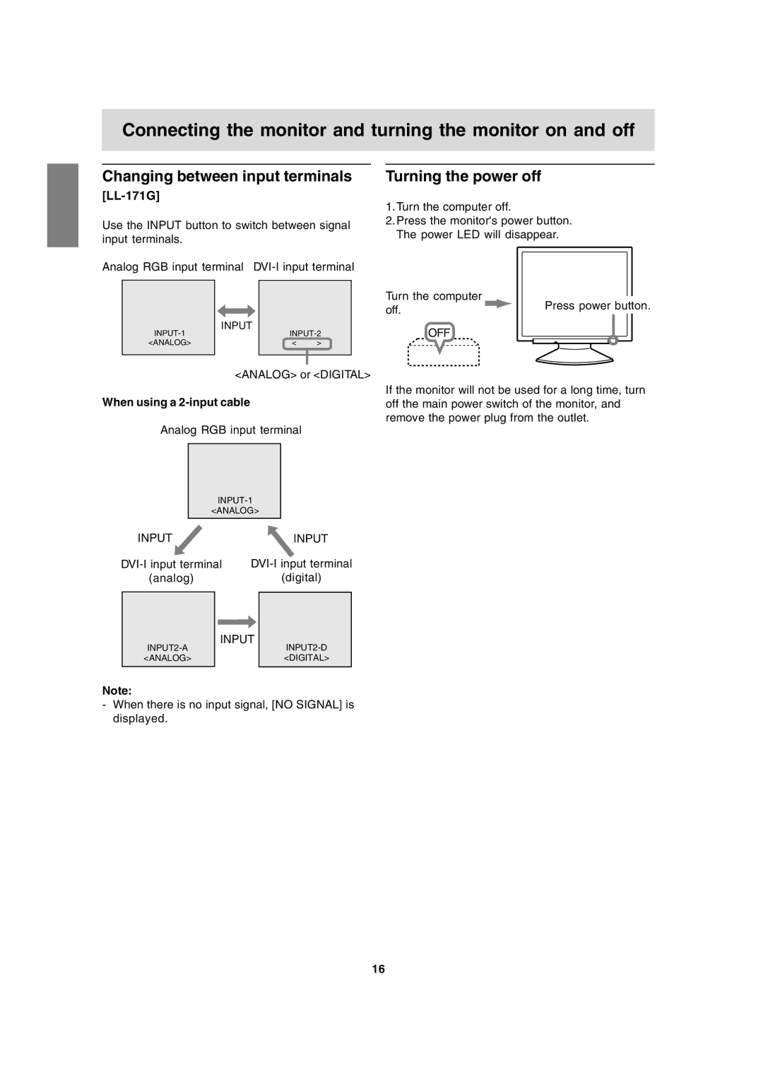 Sharp LL-171G, LL-171A operation manual Changing between input terminals, Turning the power off, When using a 2-input cable 