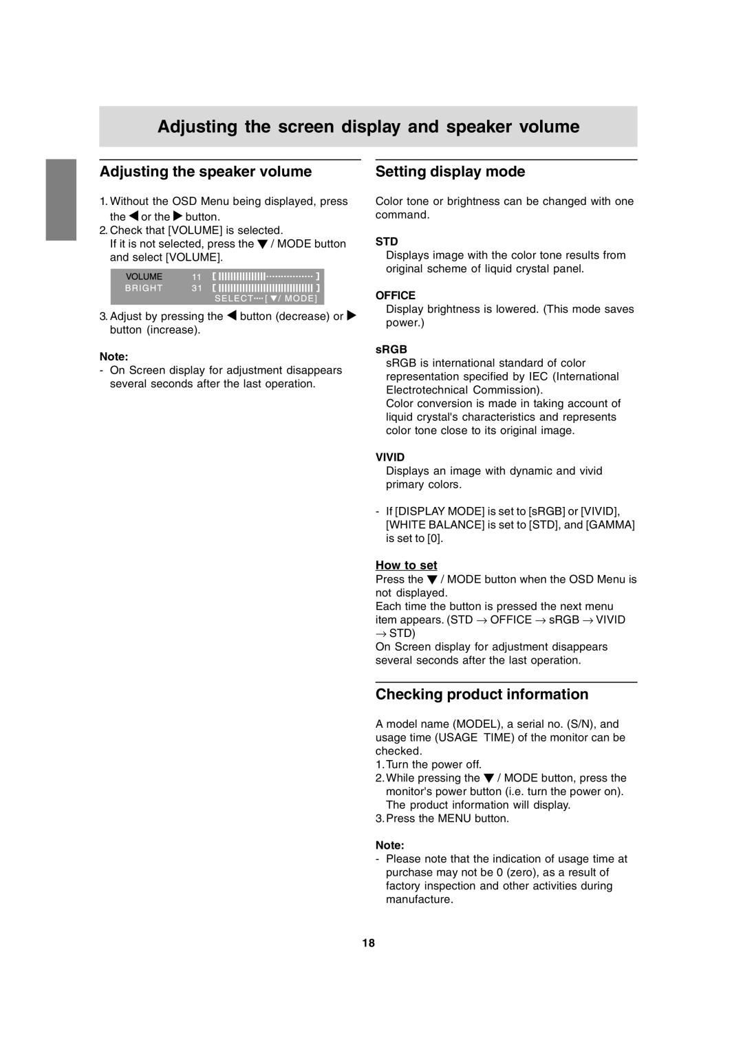 Sharp LL-171G, LL-171A Adjusting the screen display and speaker volume, Adjusting the speaker volume, Setting display mode 