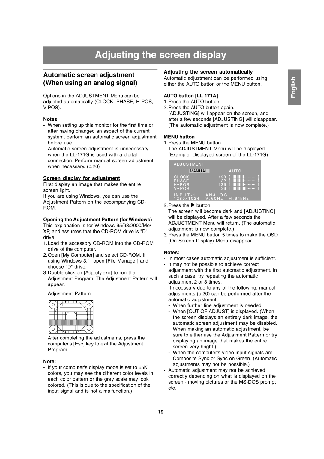 Sharp LL-171A, LL-171G Adjusting the screen display, Automatic screen adjustment When using an analog signal 