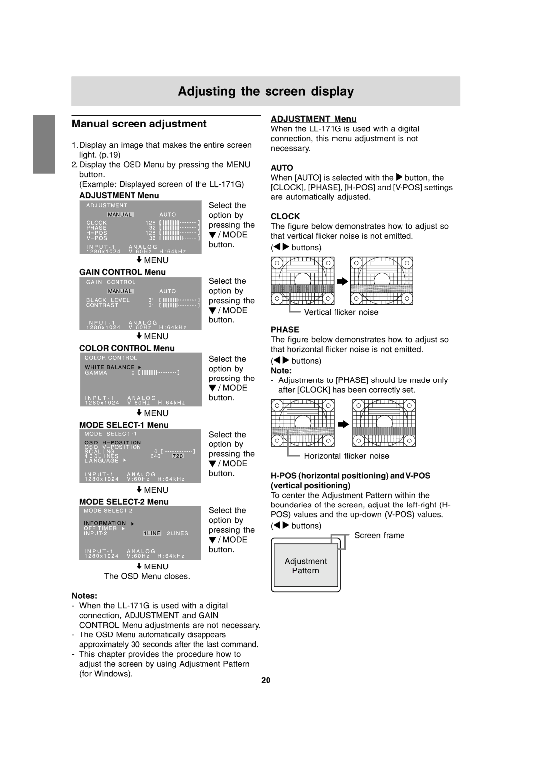 Sharp LL-171G, LL-171A operation manual Adjusting the screen display, Manual screen adjustment, Adjustment Menu 