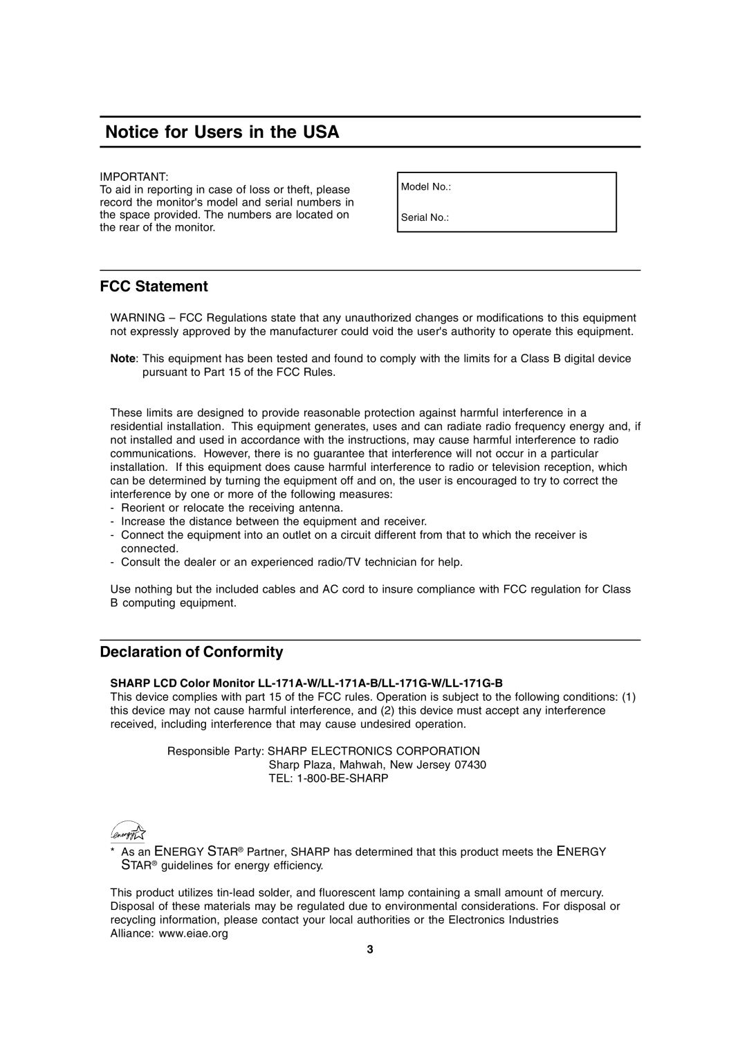 Sharp LL-171A, LL-171G operation manual FCC Statement, Declaration of Conformity 