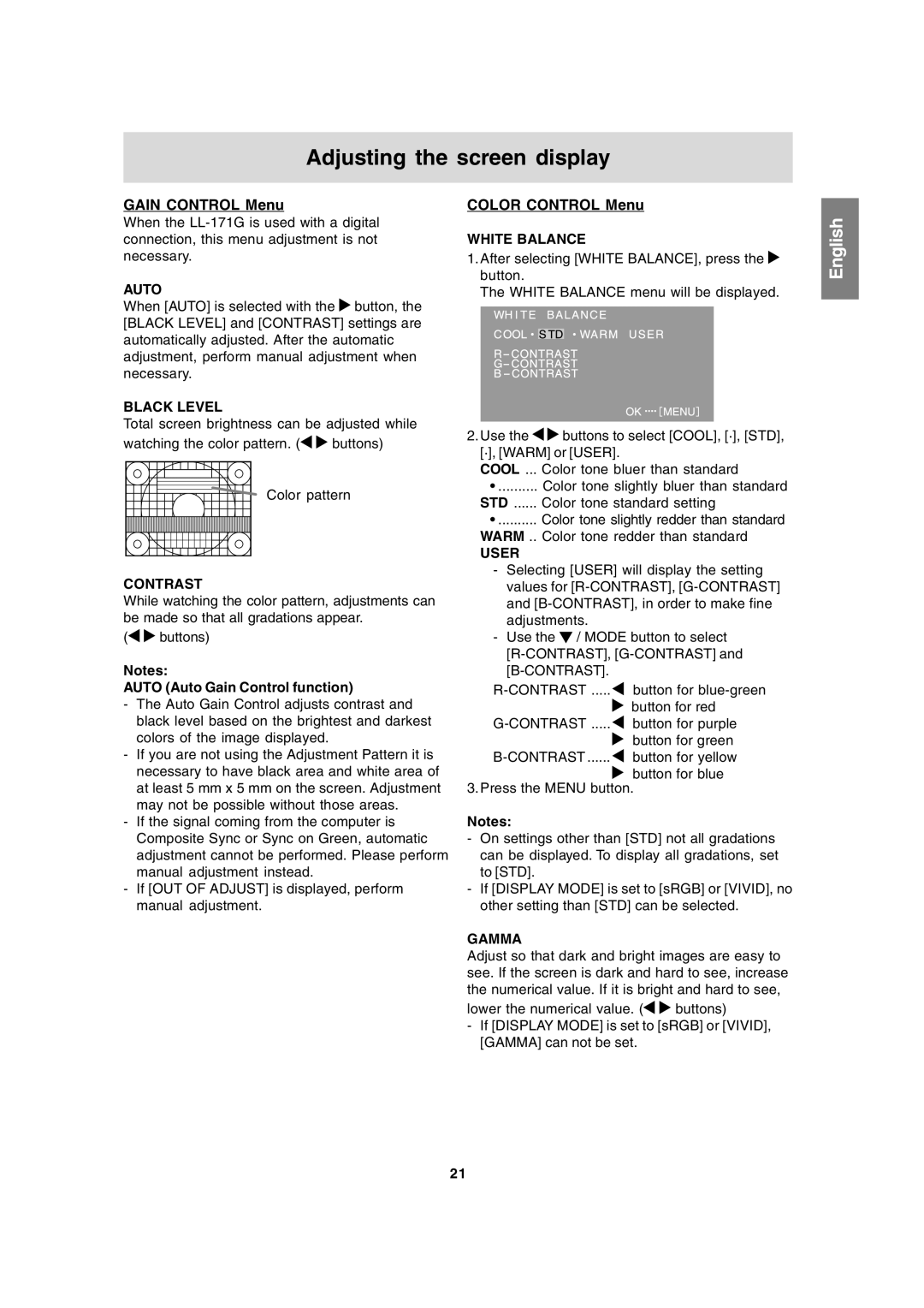 Sharp LL-171A, LL-171G operation manual Gain Control Menu, Color Control Menu 