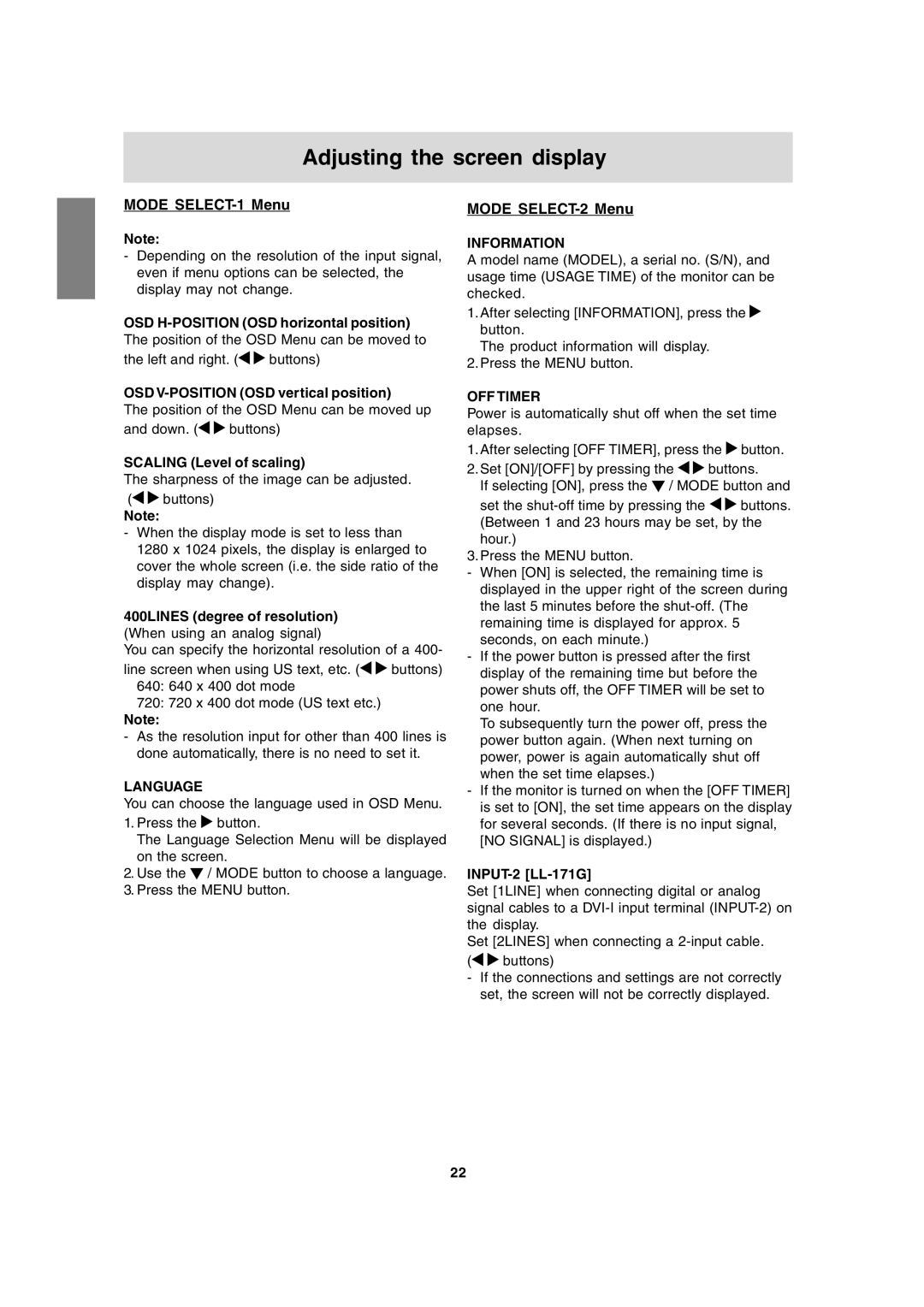 Sharp LL-171G, LL-171A operation manual Mode SELECT-1 Menu, Mode SELECT-2 Menu, Language, Information, OFF Timer 