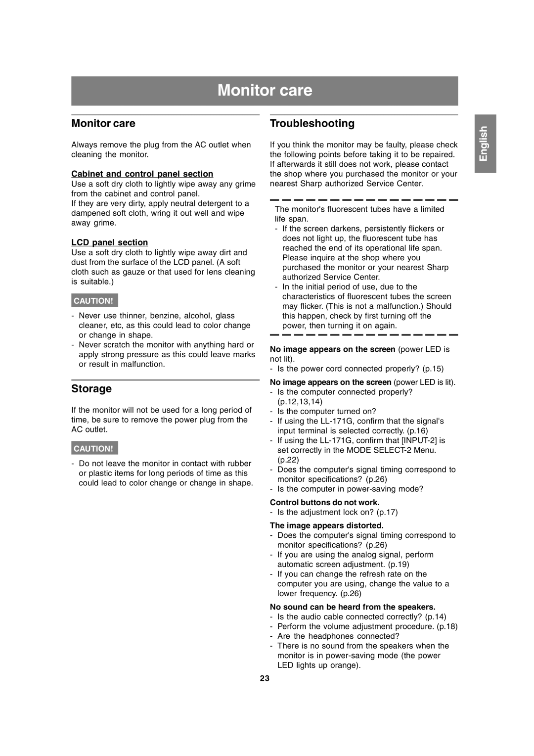 Sharp LL-171A, LL-171G operation manual Monitor care, Storage, Cabinet and control panel section, LCD panel section 