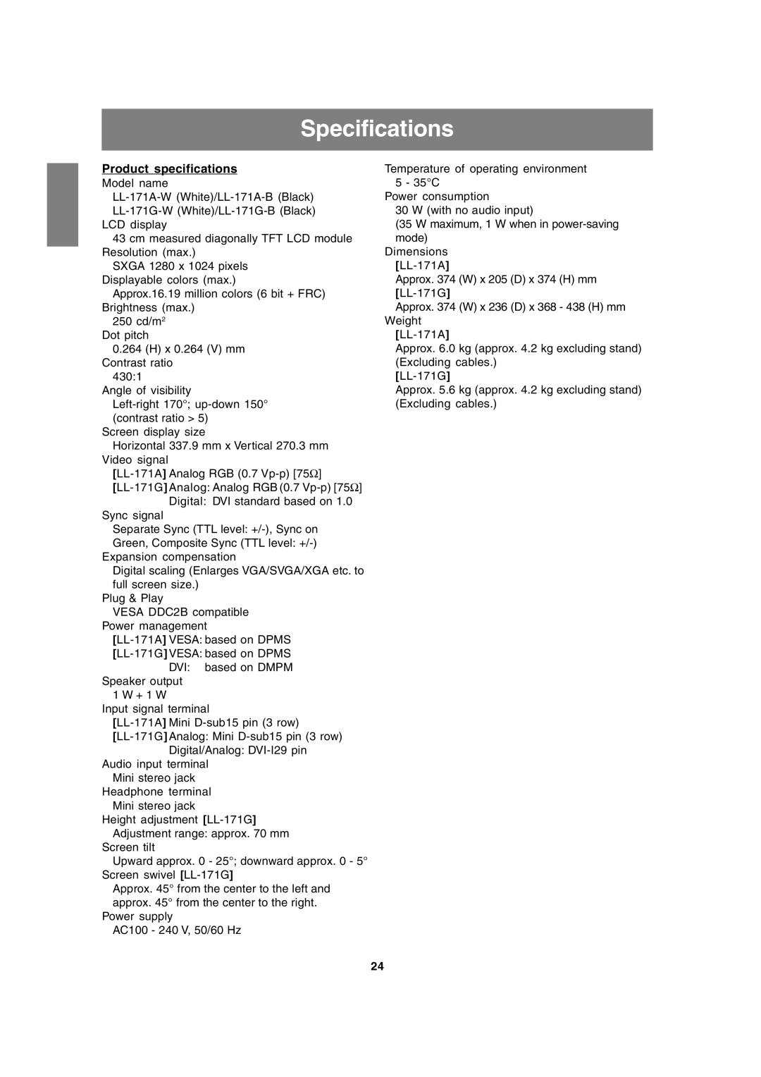 Sharp LL-171G, LL-171A operation manual Specifications, Product specifications 